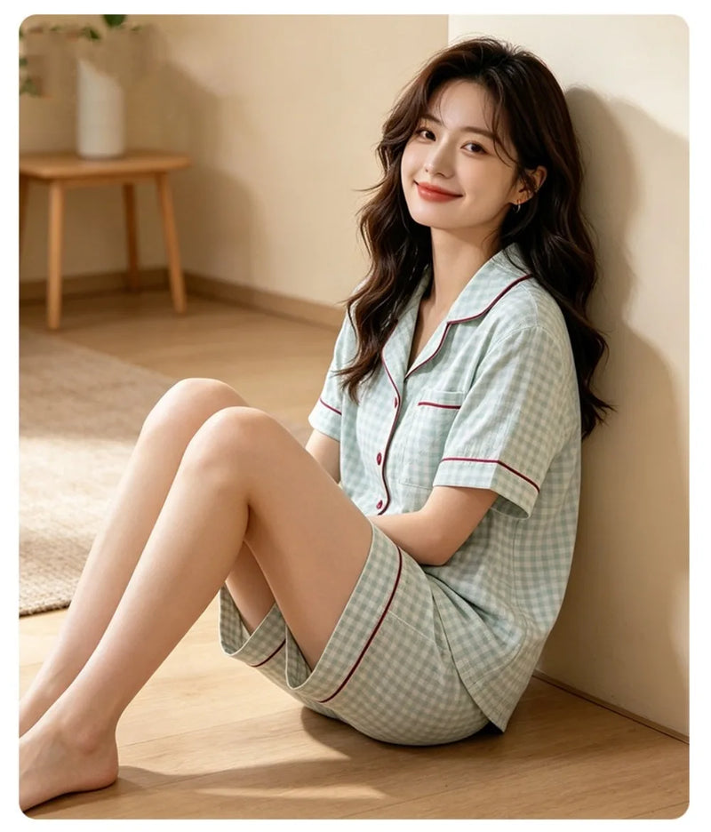 Plaid Print Women's Pajamas Short Sleeve Sleepwear Cotton Night Wear For Ladies Summer New 2 Pieces Home Wear Pyjama Set Woman