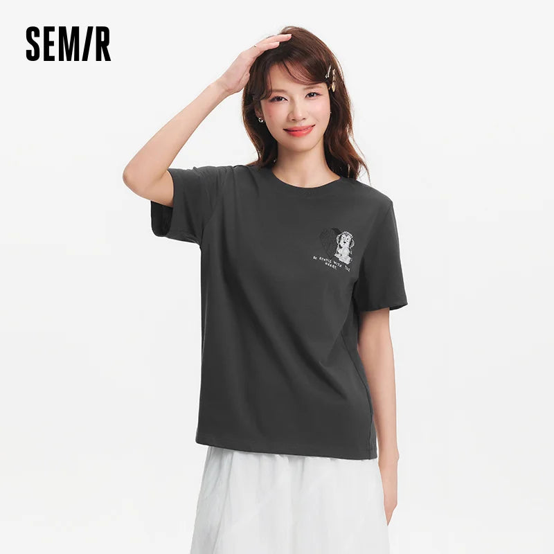 Semir Womens Tshirt 2026 Dog Embroidered Pure Cotton Loose Cute Pattern Casual Style Soft Daily Wear