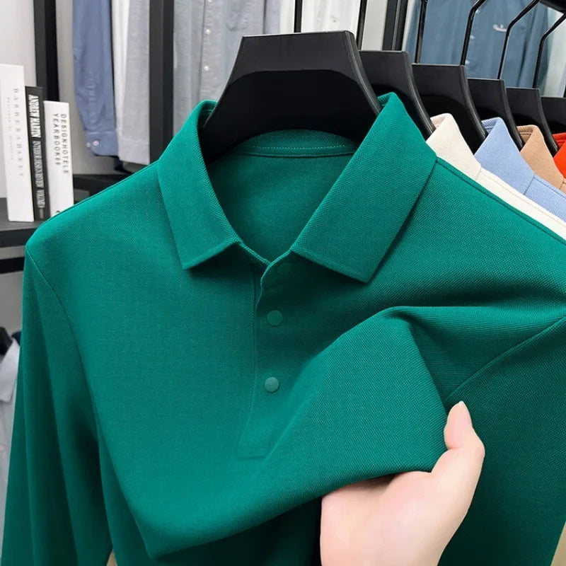 Men's Premium Long Sleeve Polo Shirt - Mercerized Pique Cotton, Seamless Collar and Cuff Design (12 Colors Available)