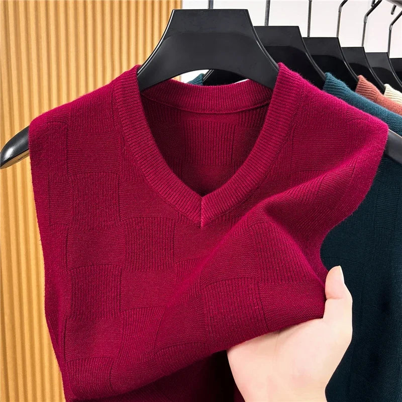 Mens Lightweight Jacquard Knitted Sleeveless Vest V Neck Textured Sweater Tank Top For Daily Commute And Business Matching