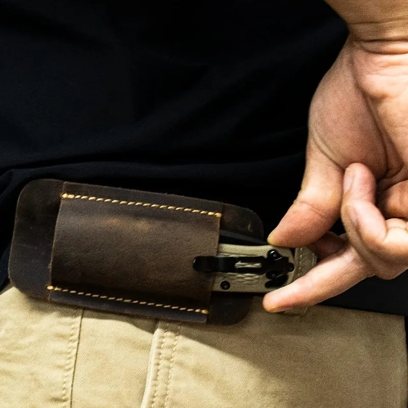 1pc Portable EDC Folding Knife Sheath, Genuine Leather Belt Mount Holder, Anti-Loss Wearproof Waist Pouch for Daily Outdoor Use