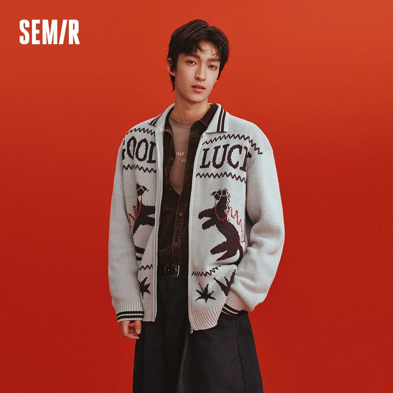 Semir Women Cardigan 2026 Loose Lapel Zipper Fun Pattern Gray Baseball Collar Soft Warm Casual Tops