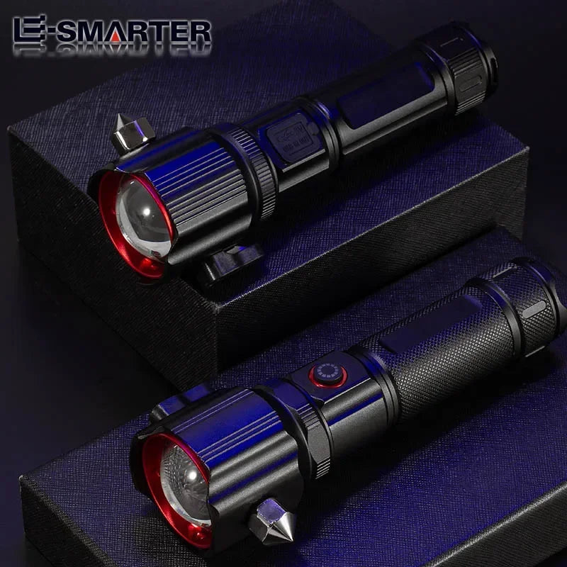 ពិល LED ពង្រីកថាមពលខ្ពស់ជាមួយការសាកថ្ម USB COB Safety Hammer ពហុមុខងារ ពិលឡាស៊ែរពណ៌សអាលុយមីញ៉ូមធន់នឹងទឹក