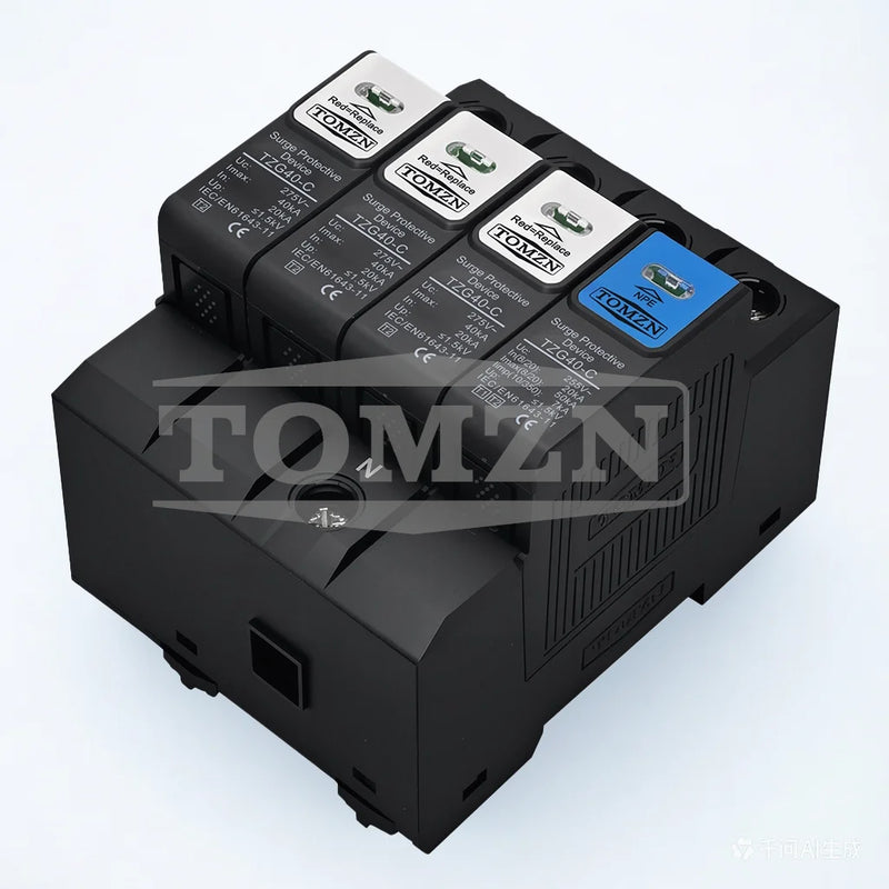 TOMZN N-PE Surge Protector SPD 1P+NPE & 3P+NPE Discharge Tube 20-50kA 230V/380V AC Pluggable T1+T2 1.5kV Flame-Retardant Housing
