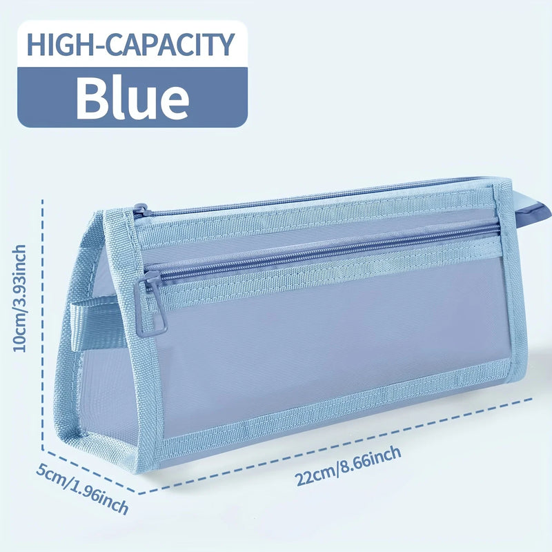 Desk Storage Morandi Grid Mesh Pencil Case with Handle and Zipper Clear Double-layer Pencil Pouch Marker Pouch,Travel Makeup Bag