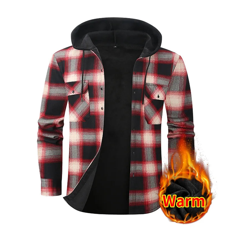 New Winter Men's Long-Sleeve Hooded Fleece Shirt—a Stylish, Casual, and Warm Plaid Shirts.