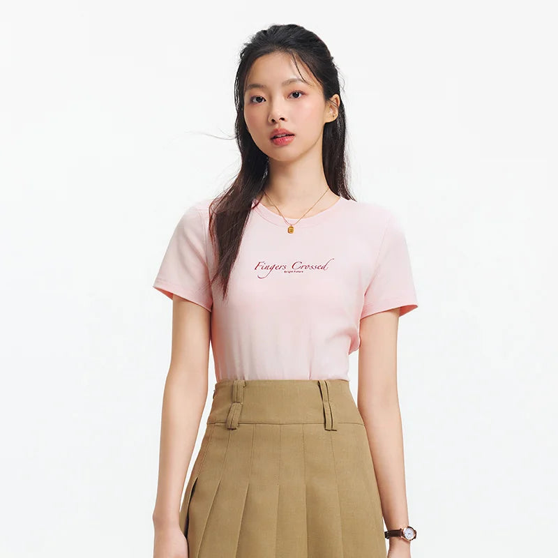 Semir Women Tshirt Slim Standard Shoulder Letter Print Crew Neck 2026 Summer Fashion Casual Style Soft Lightweight Daily Top