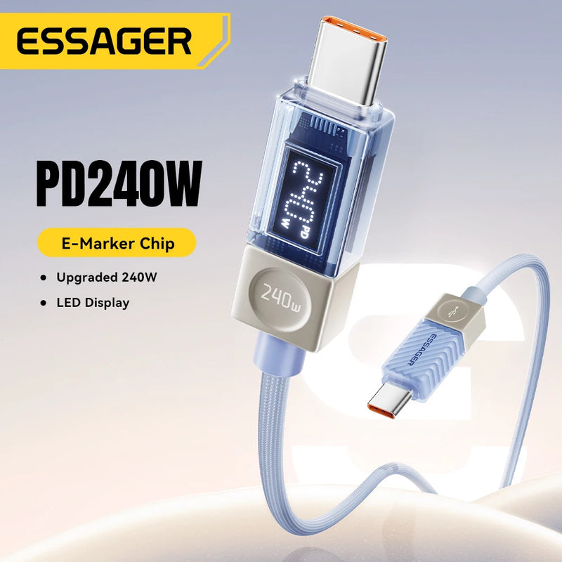 Essager 240W Type C to Type C Cable PD3.1 Digital Display Fast Charging USB C Cable for Macbook iPhone 17 16 15 Samsung Xiaomi