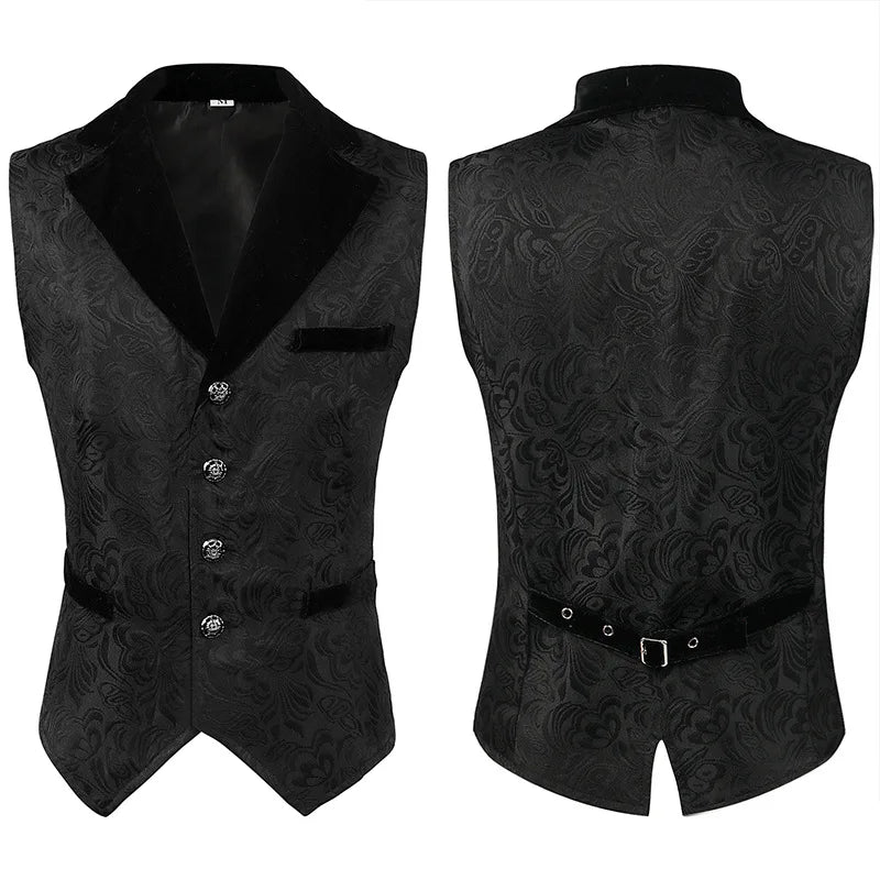Men's Black Sleeveless Dress Vest Jacket, Halloween Top Vest, Black Vintage Single Breasted Embroidered Waistcoat