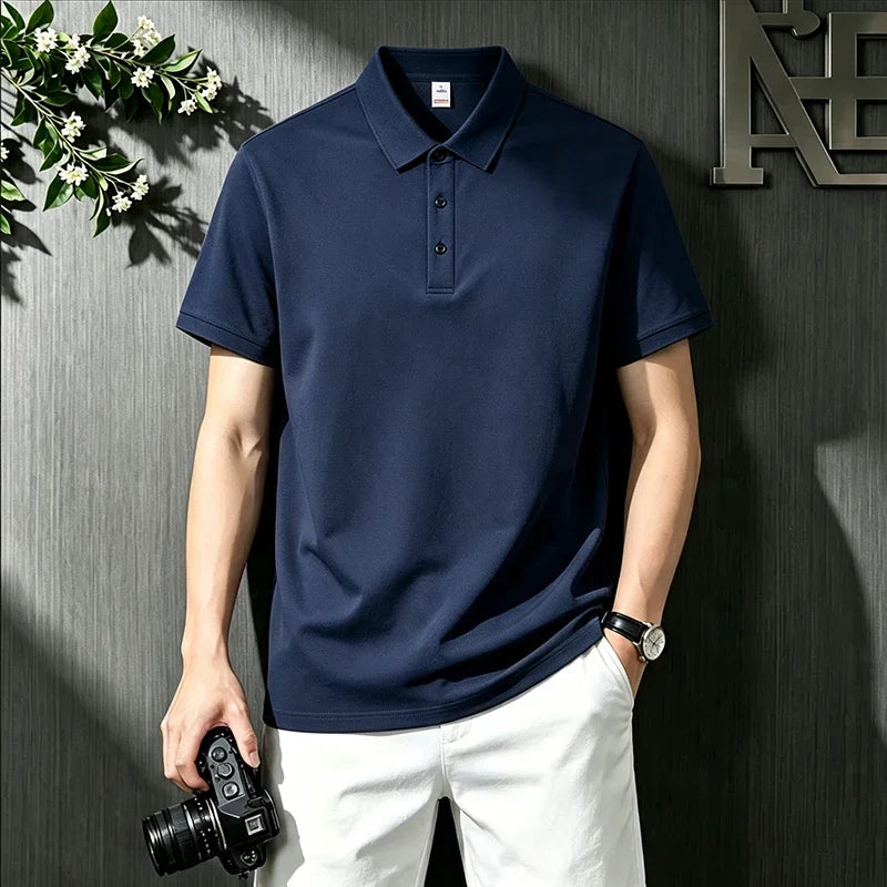 Loose Fit Short Sleeve Solid Polo For Males Turn Down Collar Button Placket Streetwear Simple Casual Wear Top