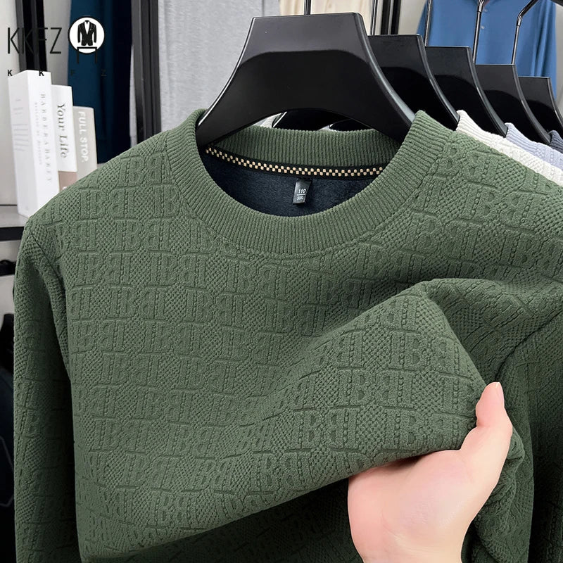 Men Thick Fleece Lined Knit Pullover Long Sleeve Crew Collar Full Embossed Letter Relax Fit Daily Wear Top