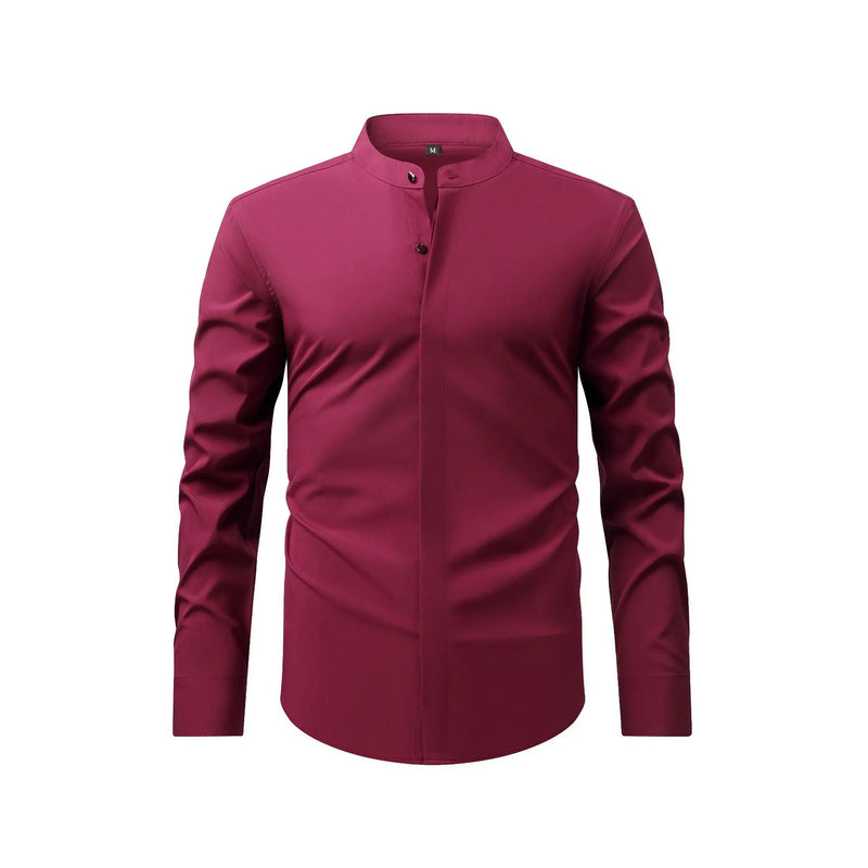 Men's Black Long-sleeve Stand-collar Shirt for Spring and Fall; Blue Single-breasted Stretch Shirts; Red, Yellow, Green, White.