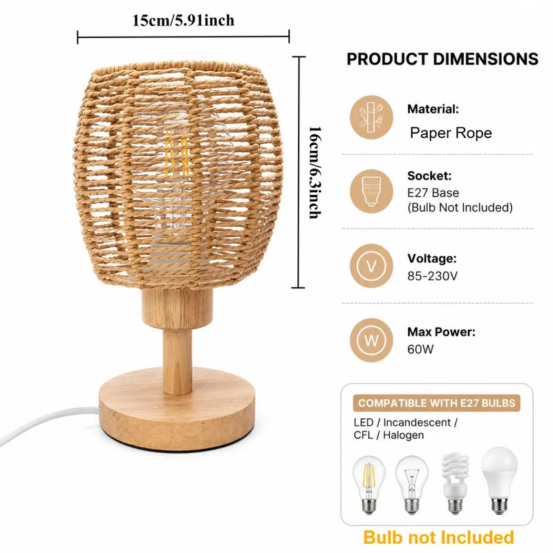 JOYINLED ED Bedside Lamp, Handwoven Rope Lampshade, E27 Solid Wood Base, Boho Decorative Lamp for Bedroom, Living Room, Hotel