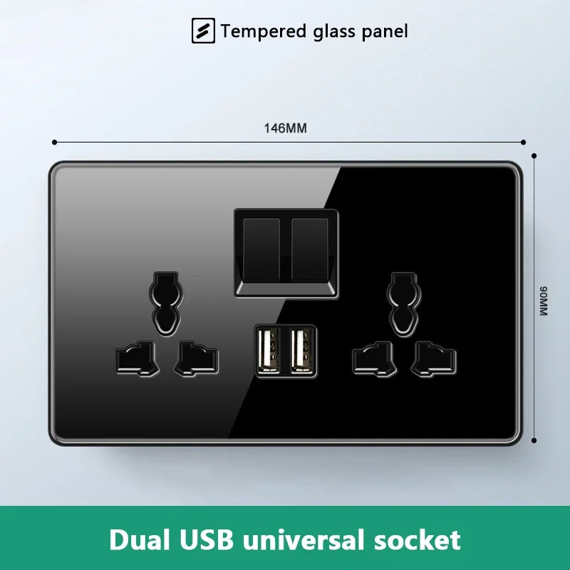 UK 13A Wall Socket with Type-C 18W Fast Charging Plug Socket,Glass Panel Power Double Universal Outlet with Quick USB C charge