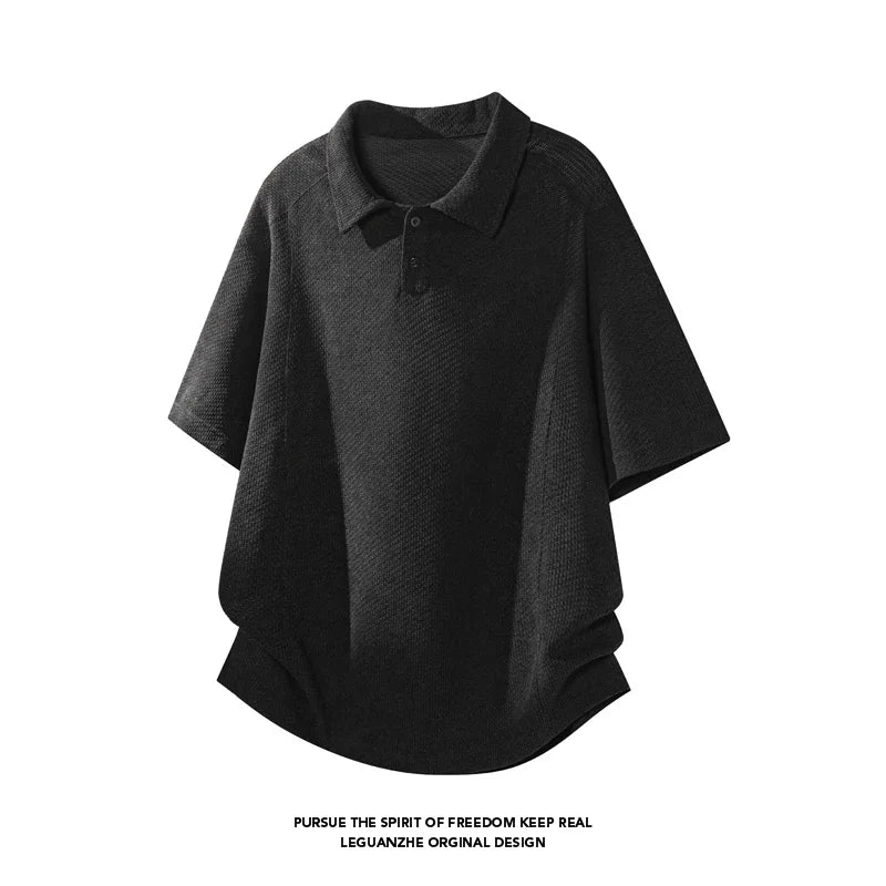 Mens Honeycomb Textured Polo Top Short Sleeve Lapel Neck Button Detail Loose Fit For Outdoor Leisure And Travel Outfit