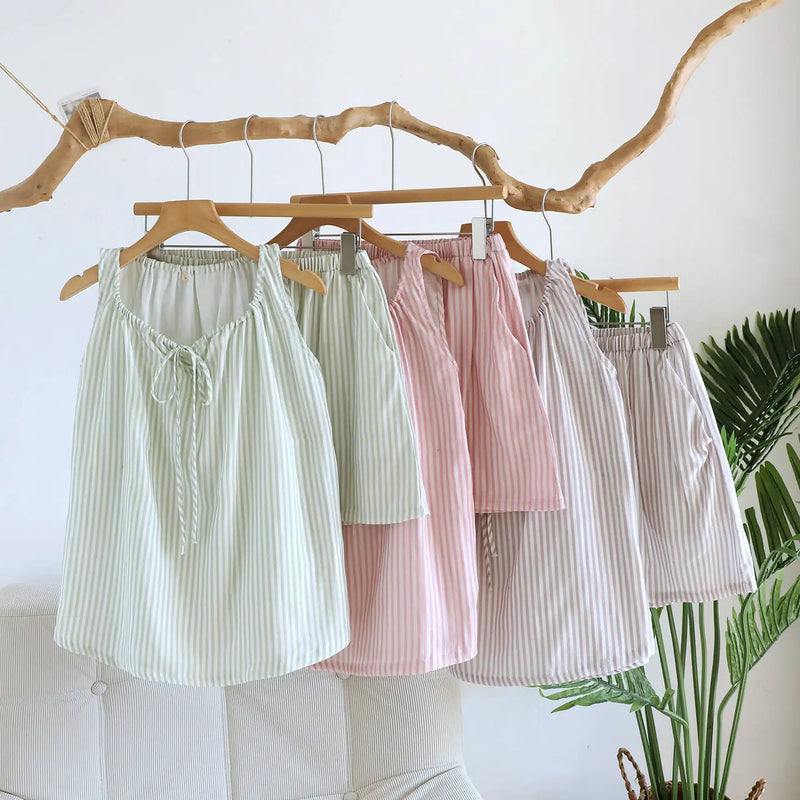 Thin Summer Pajamas Woman Sleepwear Shorts 2 Piece Set Striped Sleeveless Pyjama Gauze Cotton Women's Sleeping Clothes Pijama
