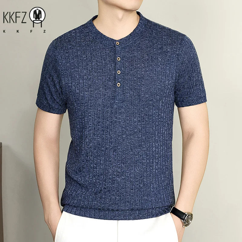 Daily Street Style Mens Speckle Textured Henley T Shirt Soft Knit Material Pub Visit Casual Dating And Short Trip Garment
