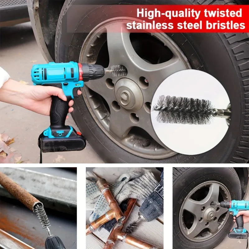 6pcs/set Stainless Steel Wire Tube Brushes,1/4" Hex Shank Multi Sizes Rust Remover Deburr Polishing Brush,Motorcycle cleaning