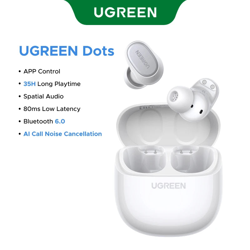 UGREEN Dots Wireless Earbuds Bluetooth 6.0 in Ear Buds Light Weight Headphones,Deep Bass Sound, 35H Play, Earphones With APP
