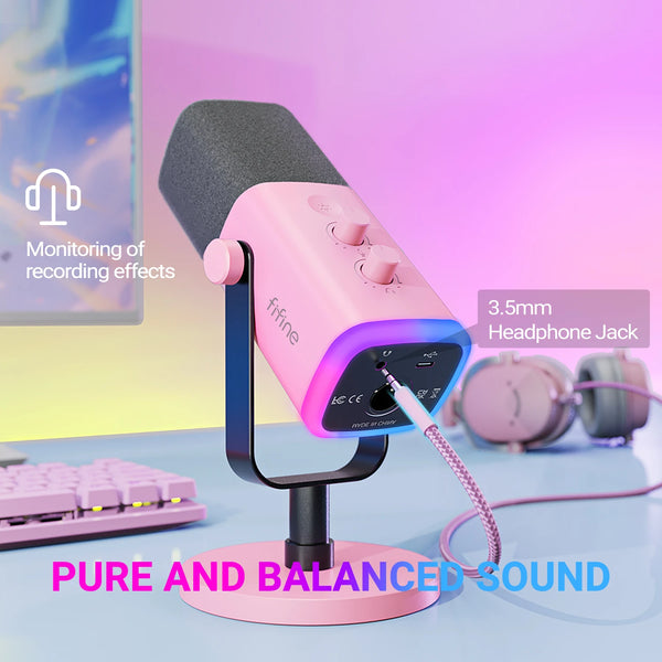 មីក្រូហ្វូនឌីណាមិក FIFINE USB/XLR ជាមួយនឹងការគ្រប់គ្រង RGB/រន្ធដោតកាស/បិទសំឡេង មីក្រូហ្វូនសម្រាប់លេងហ្គេមកុំព្យូទ័រ YouTube ផ្សាយផ្ទាល់ AmpliGame-AM8P