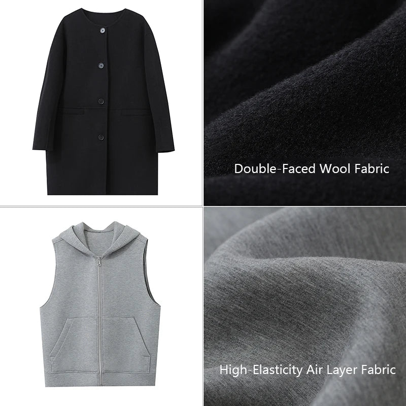 Amii Women's Coat 2026 Winter New Versatile Single Breasted Double-sided Woolen Coat Hooded Knitted Vest Two-piece Set 12524131