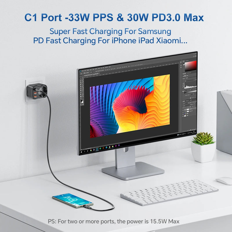 ឆ្នាំងសាក GaN 33W 4-IN-1 រន្ធដោត AC 4000W បន្ទះសាកថ្ម PD PPS USB Type C សាកថ្មលឿនសម្រាប់ iPhone 17 16 Pro Max Samsung Xiaomi