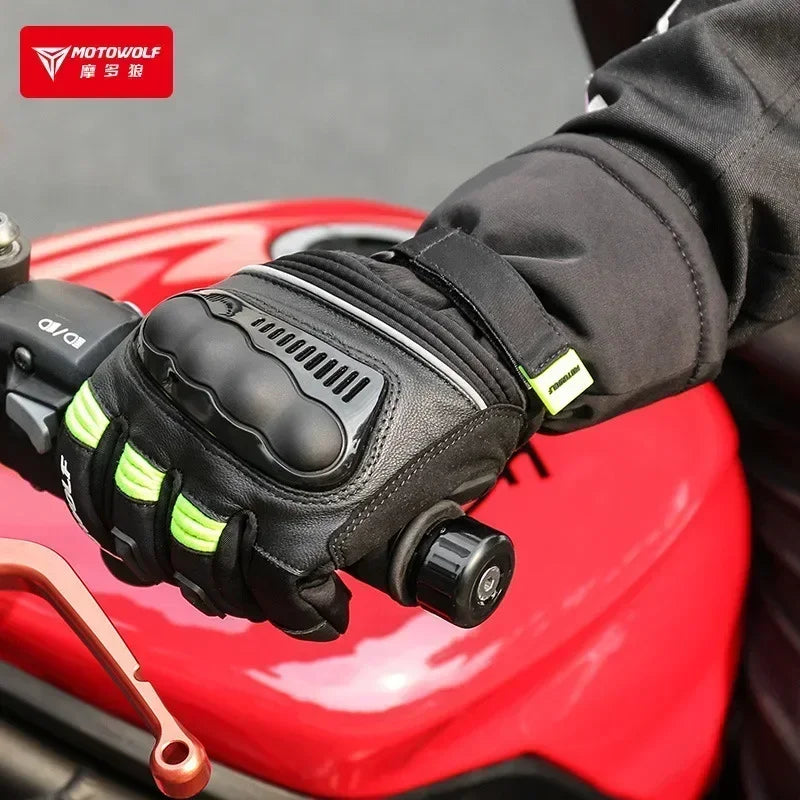 ស្រោមដៃម៉ូតូ Motowolf រដូវរងា ស្រោមដៃកម្ដៅសម្រាប់ម៉ូតូ រោមចៀម ការពារខ្យល់ ស្រោមដៃម៉ូតូ Motocross ស្បែក ឧបករណ៍ម៉ូតូបុរស ស្រោមដៃអ្នកជិះកង់ការពារទឹកជ្រាប