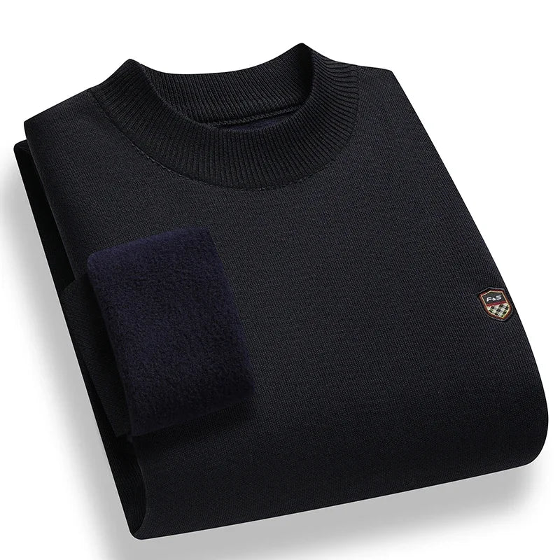 Windproof Men Plain Knitted Sweater Stretch Rib Trim Small Shield Badge Fleece Lined Office Casual Long Sleeve Top