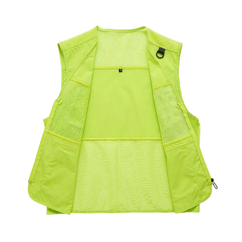 Solid fluorescent color breathable net V-neck vest Multi-pocket Work and leisure vest  custom logo for group activities
