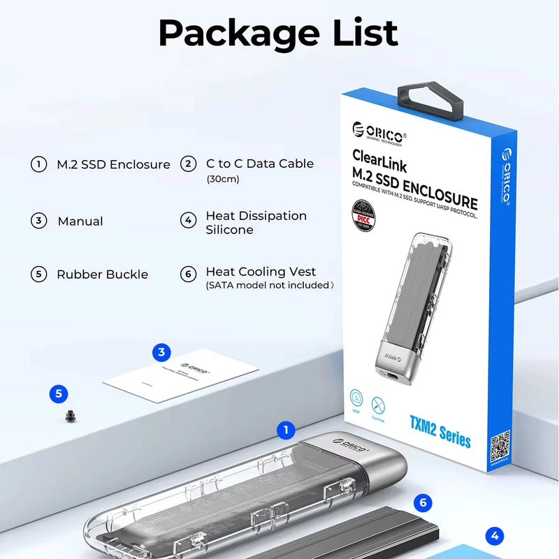 ORICO M.2 SSD Case NVME SATA SSD Enclosure Tool Free 10Gbps M.2 to USB Type C Transparent External Adapter Portable