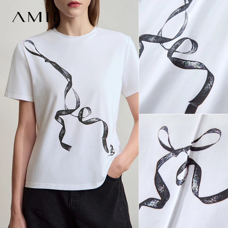 អាវយឺត Amii Minimalism Casual រដូវក្តៅឆ្នាំ ២០២៥ ថ្មីសម្រាប់នារី ក O ត្រង់ បោះពុម្ពត្រជាក់ ប្រឆាំងមេរោគ កប្បាសទឹកកក លាតសន្ធឹង អាវយឺត 12542084
