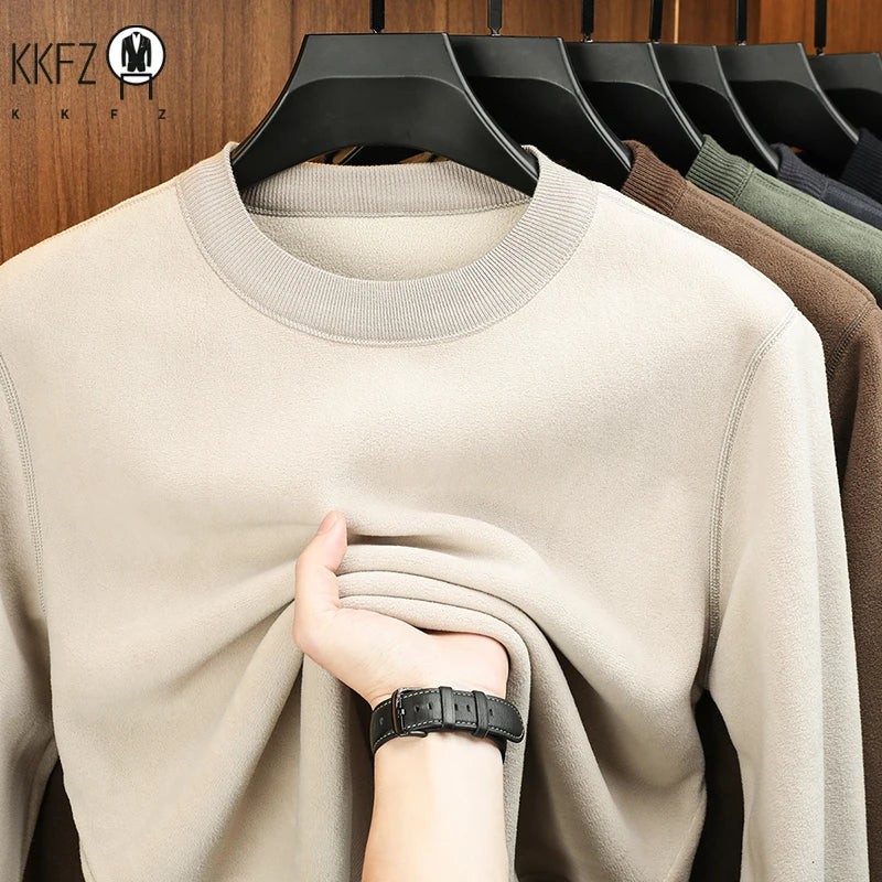 Men's Velvet Hoodie, Long Sleeve Round Neck Monochromatic Casual Versatile Top Autumn Winter Fashion