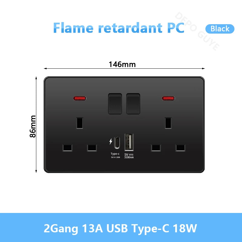 Universal Black USB Type-C 18W Smart Fast Charging Socket Double 5-pin Power Plug,UK  Electrical Internationa Wall Light Switch