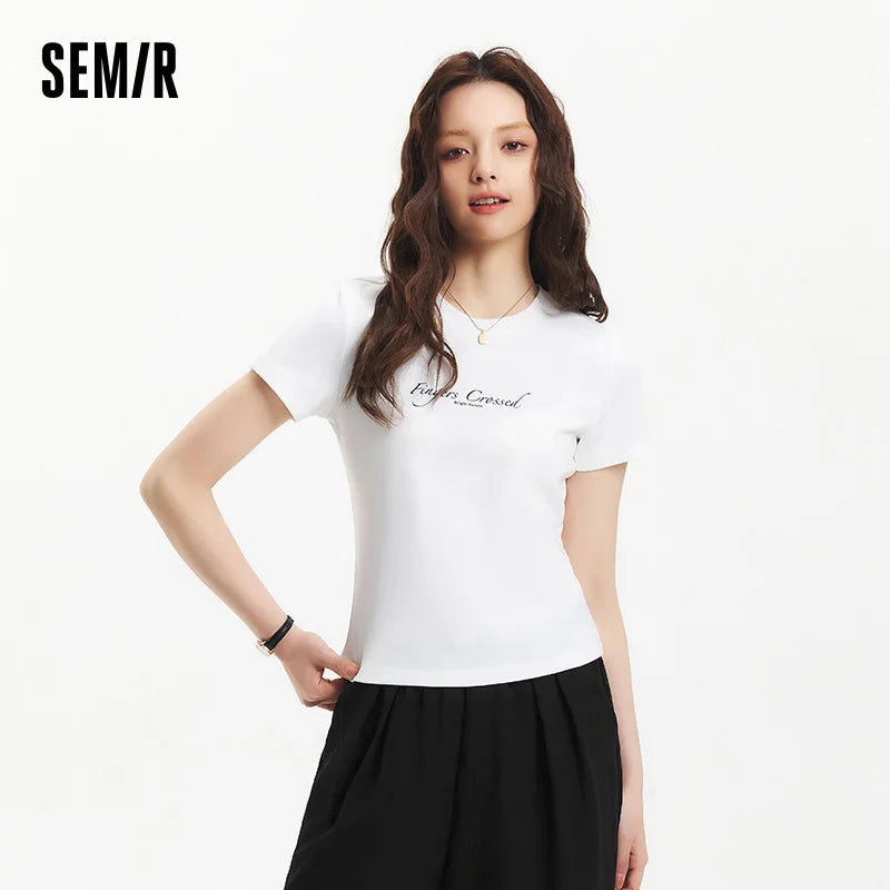 Semir Women Tshirt Slim Standard Shoulder Letter Print Crew Neck 2026 Summer Fashion Casual Style Soft Lightweight Daily Top