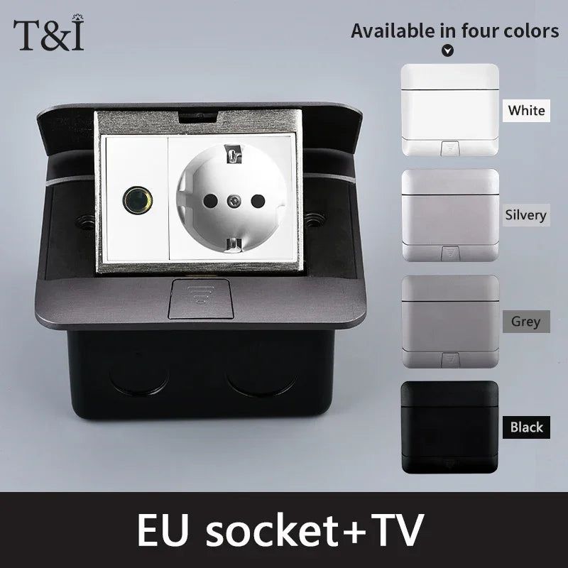Metal Panel EU Standard Hidden Type Table Socket 2/3 Way Outlet USB/EUR/Universal/FR Office Cabinet Desktop Aluminum 120x120mm
