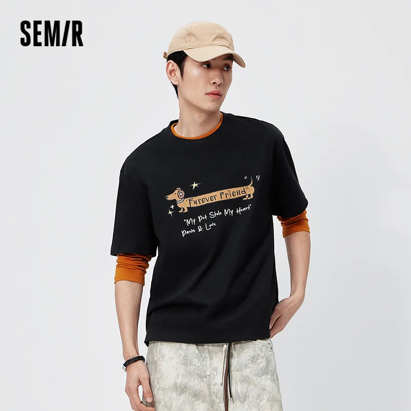 Semir Mens Tshirt 2026 Vintage Cute Animal Letter Printed Knitted Loose Couple Style Casual