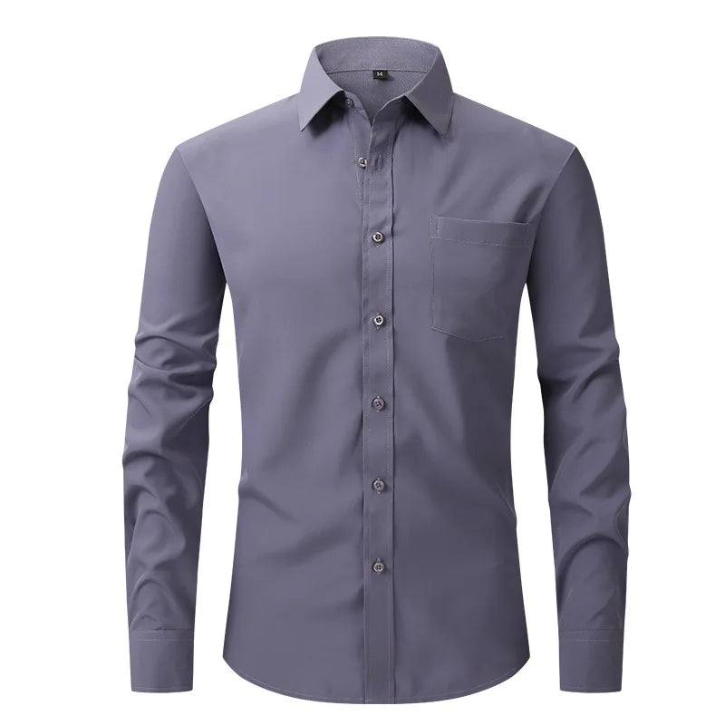 Solid Color Men's Long-sleeved Shirt, Single-breasted Square Collar Small Elastic Shirts, Suitable for Wedding/Business/Office