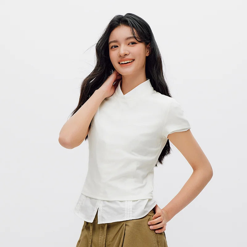 Semir Women Tshirt Cropped Solid Color Slim Crew Neck Short Sleeve Summer 2026 Minimal Casual Fashion Style Top