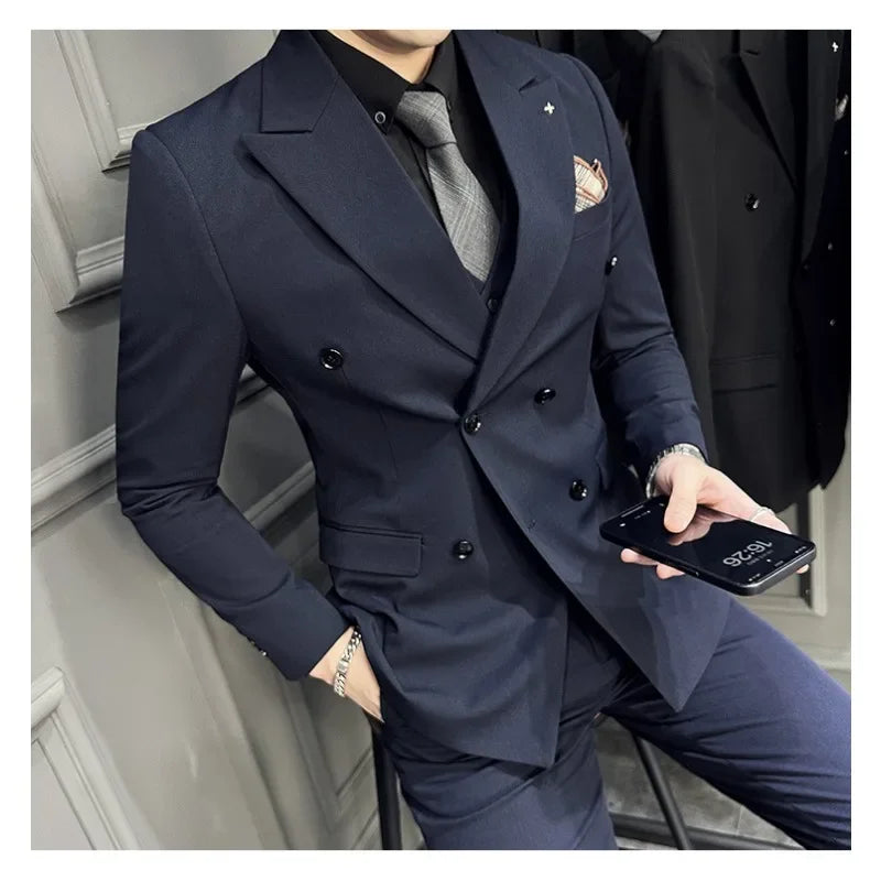 Men's Luxury Double-Breasted Suit Set (Jacket, Vest & Pants) - Stretch Fabric Business Casual Blazer with Extended Sizes S-7XL