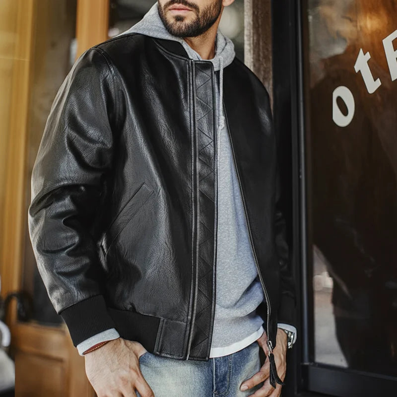 Maden Vintage Men's MA1 Leather Jacket Black Pilot Bomber Jacket Short Zip-up Pocket Baseball Coat Outerwear for Fall Streetwear
