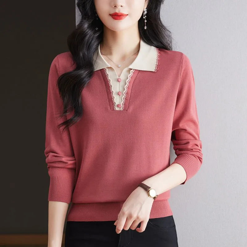 Pull Femmes Tendances 2025 Jersey Fashion Lapel Shirt Spring Autumn Woolen Tops Female Clothing Knitwear Women's Sweater Blouse