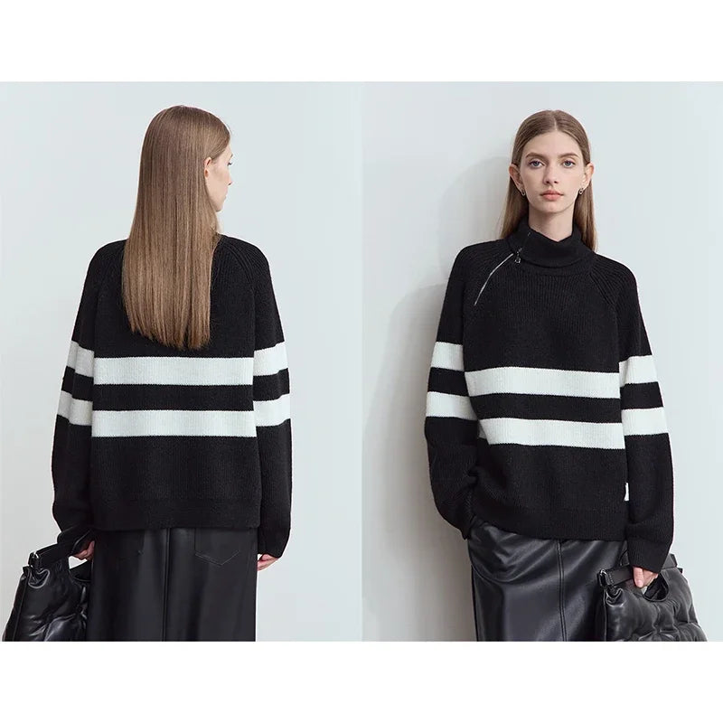 អាវយឺត Amii Turtleneck សម្រាប់ស្ត្រី អាវក្រៅរលុង មានខ្សែរ៉ូត 2025 រដូវរងាថ្មី ដៃវែង ប៉ាក់ឆ្នូត អាវសម្រាប់ស្ត្រី 12444213