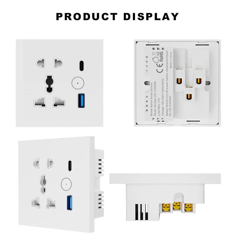 Smart Plug WiFi Universal Socket Tuya EU UK QC3.0 USB  Type-C Fast Charging Outlet Works with Alexa Google Home