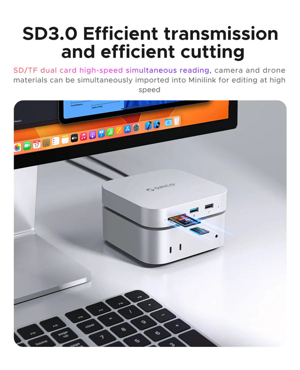 ORICO Mac Mini M4 Docking Bracket USB3.0 HUB Docking Station SD/TF Card Multi-Port USB C HUB for Mac Mini M4/M4 Pro