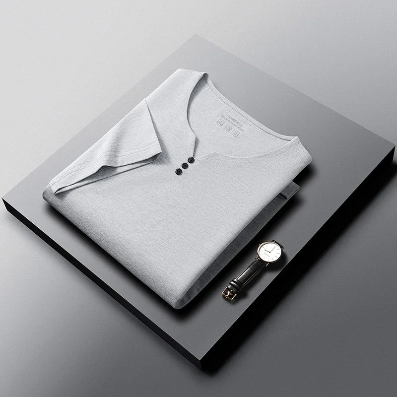 Mens Soft Breathable V Neck Tee With Henley Button Design Comfortable For All Seasons Daily And Casual Wear Activities
