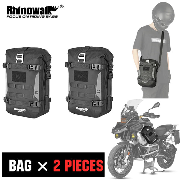 កាបូបសម្រាប់ដាក់ដងម៉ូតូ Rhinowalk សម្រាប់ការពារការប៉ះទង្គិច កាបូបគែមកាង កាបូបការពារទឹក ទំហំ 6 លីត្រ មានបន្ទះទ្រទ្រង់ កាបូបចំហៀង និងប្រព័ន្ធ Molle សម្រាប់ដាក់ដងម៉ូតូ