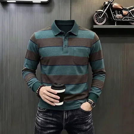 Autumn Basic Long Sleeve Polo Men Turn Down Collar Stripe Pattern Material Easy Matching Daily Commute Apparel