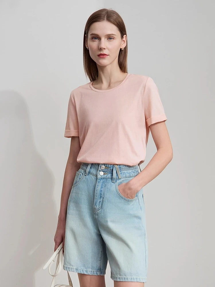 AMII Top Women 2026 Summer New O-Neck Short Sleeve Casual T Shirts Versatile Knit Embroidery Cotton Woman Top Female 12522142