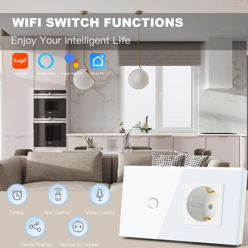 BSEED EU Standard Wifi Wall Switch 1/2/3Gang 1/2/3Way Smart Touch Light Switches Wall Socket Outlets Google Alexa Tuya Control