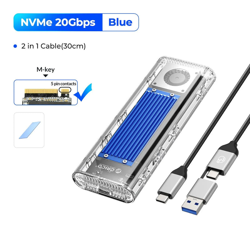 ORICO 20Gbps M.2 NVME SSD Case Enclosure with Cooling Fan USB 3.2 Gen 2 x 2 PCIE NVME Adapter Tool Free 4TB for PCIe M Key